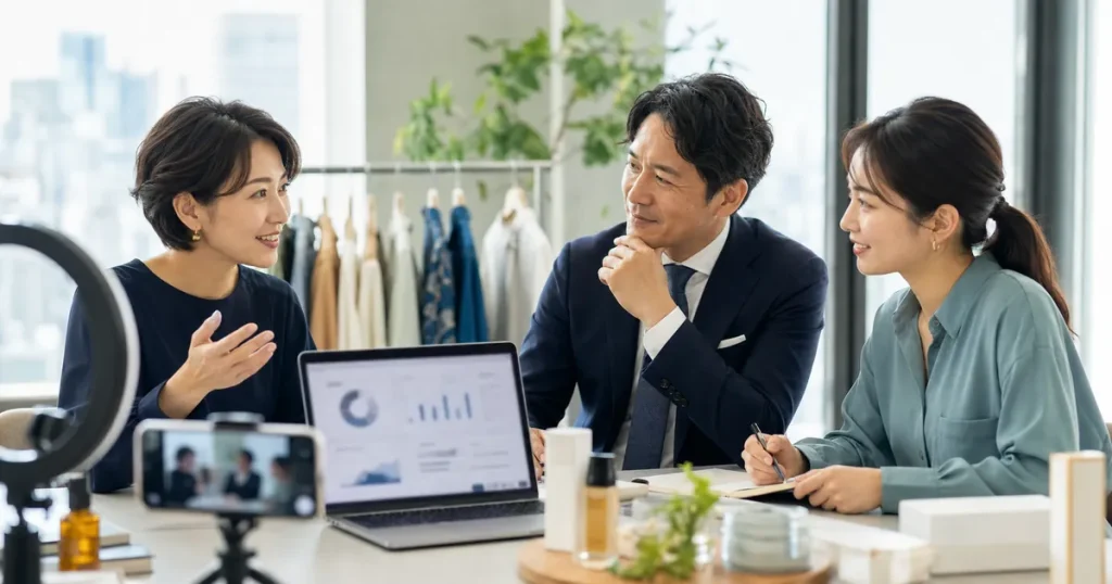 ライブコマース支援会社のM&Aに向けて配信実績と譲渡計画を話し合う日本人経営者とアドバイザー