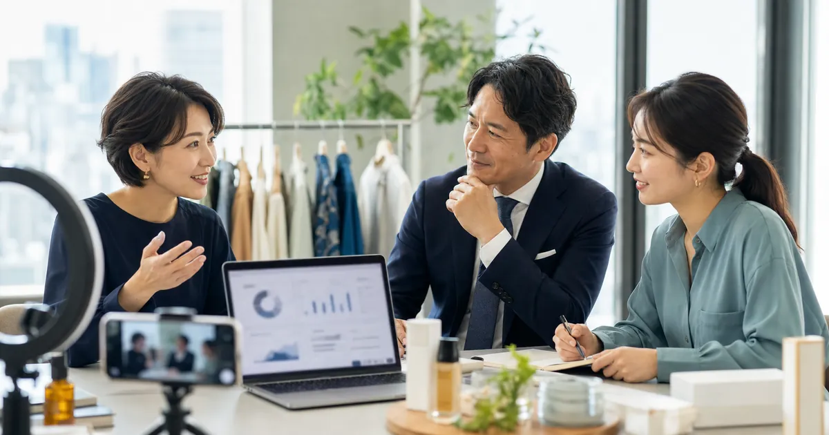 ライブコマース支援会社のM&Aに向けて配信実績と譲渡計画を話し合う日本人経営者とアドバイザー