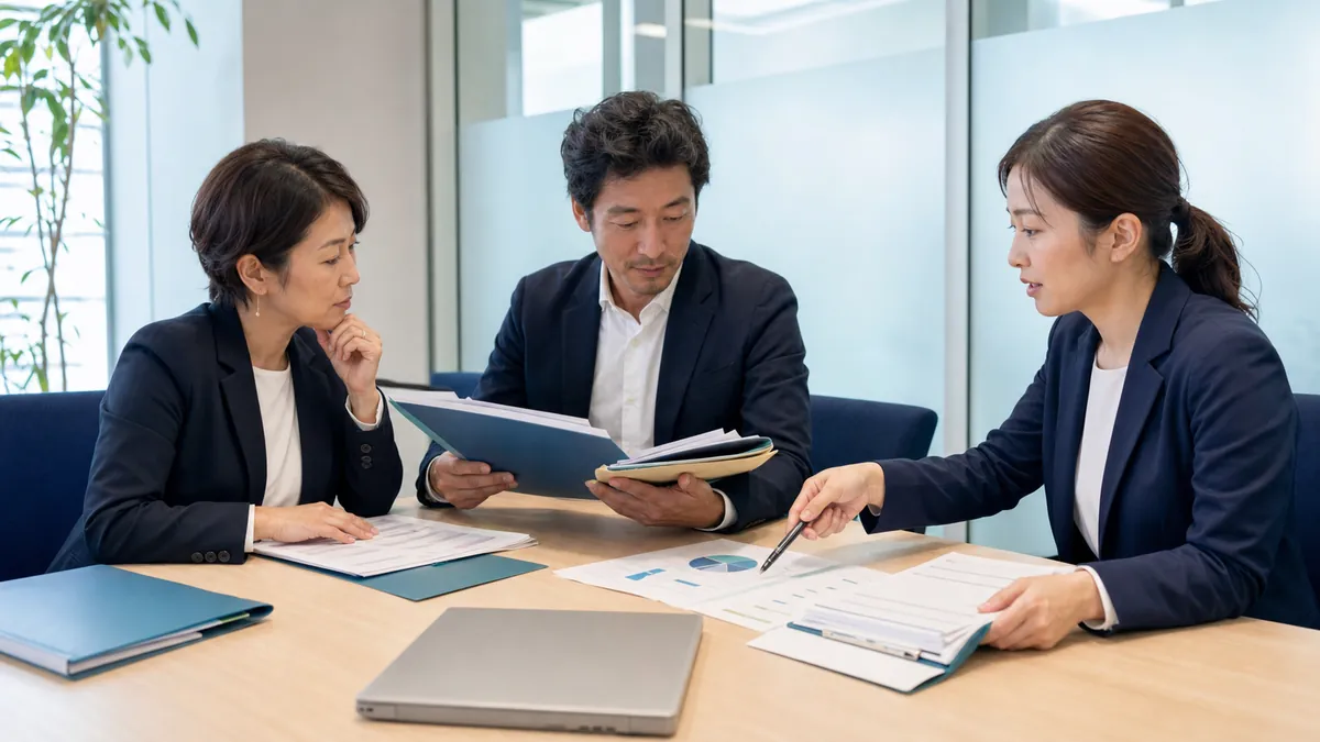ショート動画制作会社のM&Aで財務・契約資料を確認する経営者とアドバイザー