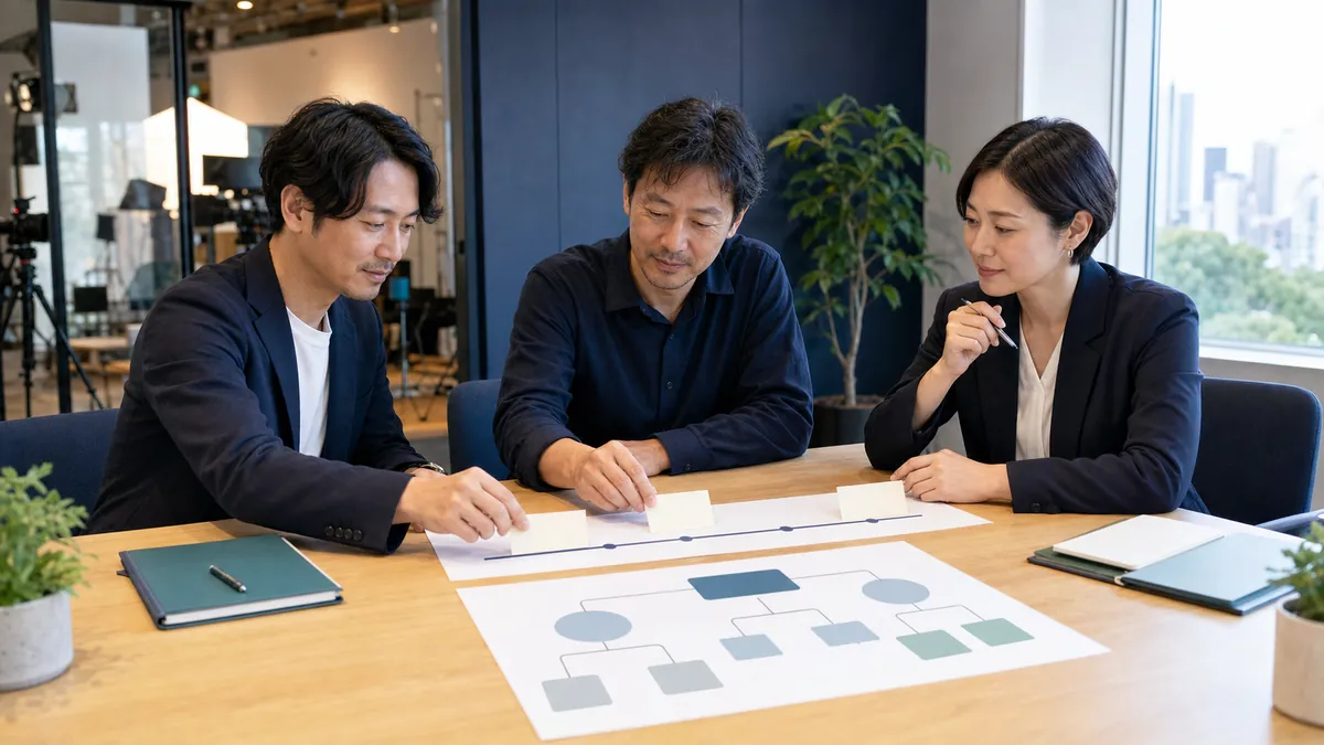 ショート動画制作会社のM&A成約後に引継ぎ計画を合意する経営者と制作責任者、アドバイザー