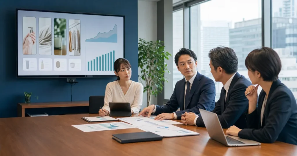 ショート動画制作会社のM&Aに向けた譲渡準備を話し合う経営者と制作チーム
