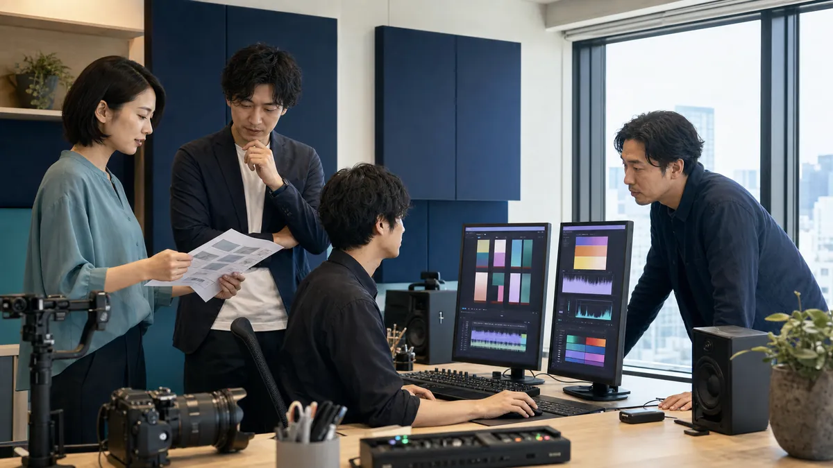 ショート動画制作会社の制作チームが縦型動画の企画・編集工程を確認する様子