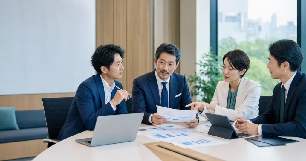 SNS広告運用会社のM&Aに向けて広告実績と譲渡計画を話し合う日本人経営者とアドバイザー