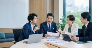 SNS広告運用会社のM&Aに向けて広告実績と譲渡計画を話し合う日本人経営者とアドバイザー