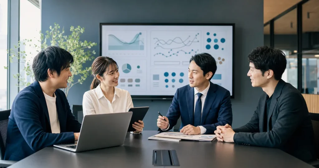 SNS分析ツール会社のM&Aに向けてSaaS指標とデータ基盤を確認する日本人経営者・分析担当者・アドバイザー