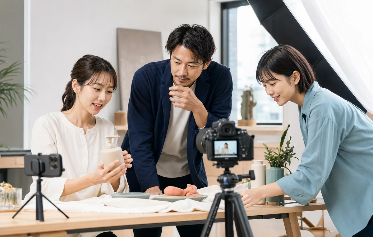 SNS動画の撮影現場で進行を確認するクリエイターと制作チーム