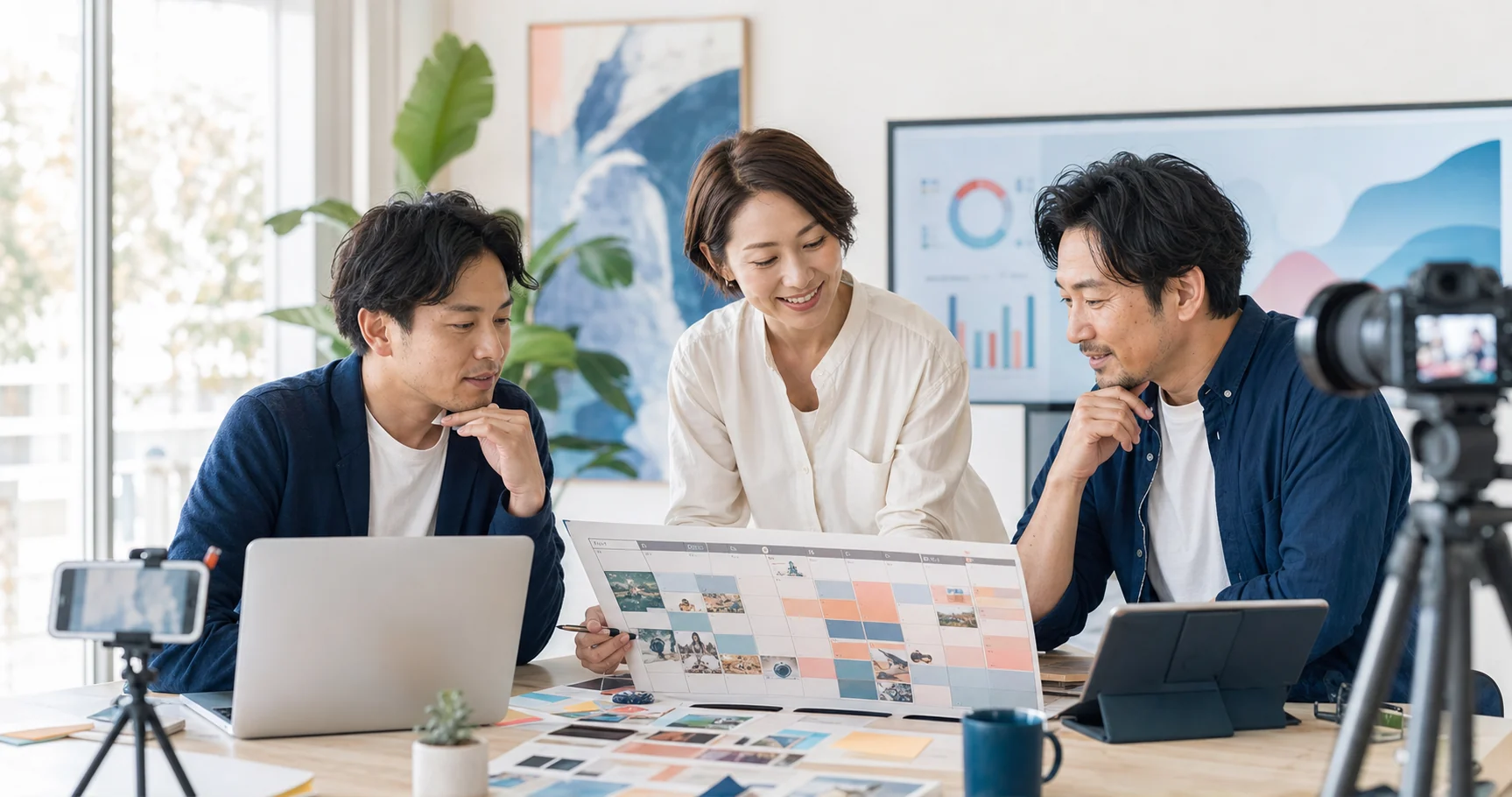SNS事業の引継ぎ計画を確認する経営チーム