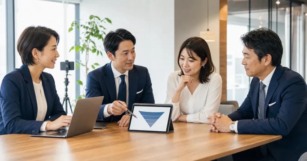 SNS採用支援会社のM&Aに向けて採用成果と顧客契約を確認する日本人経営者・採用担当者・M&Aアドバイザー