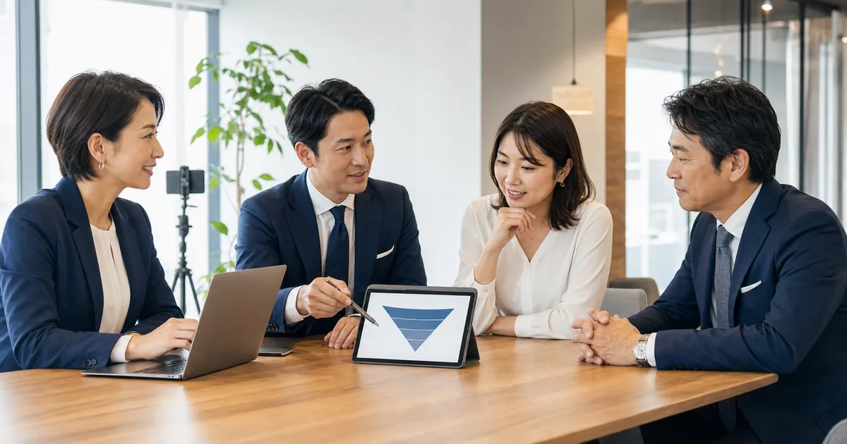 SNS採用支援会社のM&Aに向けて採用成果と顧客契約を確認する日本人経営者・採用担当者・M&Aアドバイザー